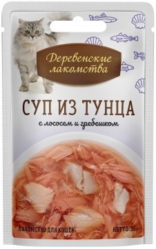 Деревенские лакомства Для кошек суп из тунца с лососем и гребешком 35 гр