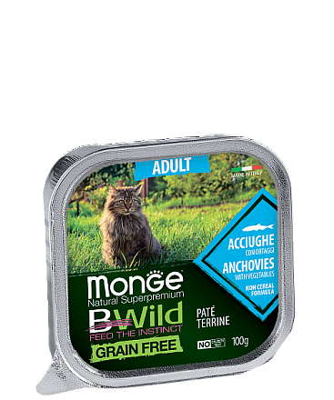 Monge Cat BWild GRAIN FREE беззерновые консервы из анчоусов с овощами для взрослых кошек 100 гр