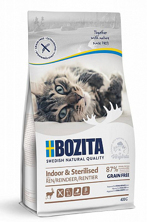 Bozita INDOOR & STERILISED GRAIN FREE Для стерилизованных и малоподвижных кошек с оленем