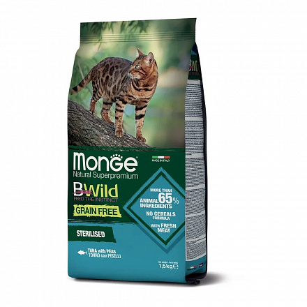Monge Cat BWild Grain Free сухой беззерновой корм для стерилизованых кошек из тунца и гороха