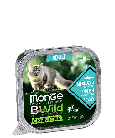 Monge Cat BWild GRAIN FREE беззерновые консервы из трески с овощами для взрослых кошек 100 гр
